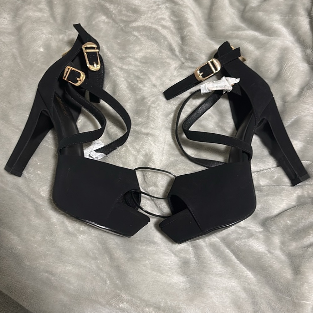 Allure Black Strappy Heels with Gold Buckle - Picture 4 of 5